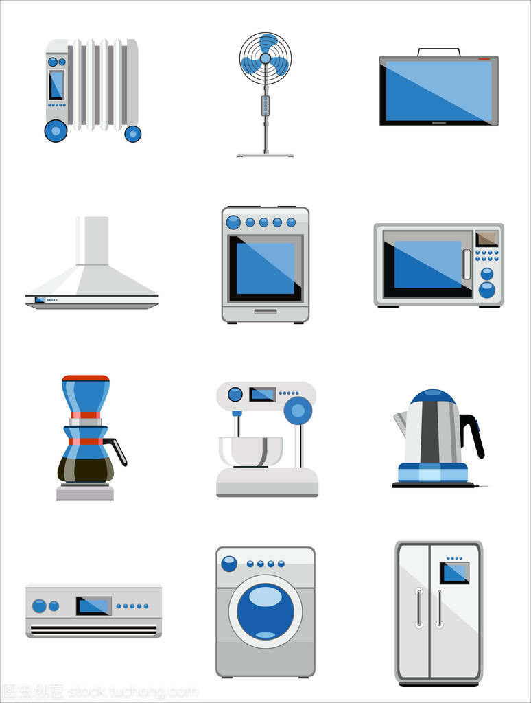 向量集合的家用电器图标。平面样式